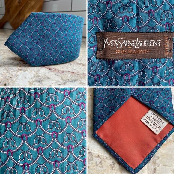 YSL Yves St Laurent $220 Blue Purple Gray Equestrian Print Silk Tie - Picture 1 of 7